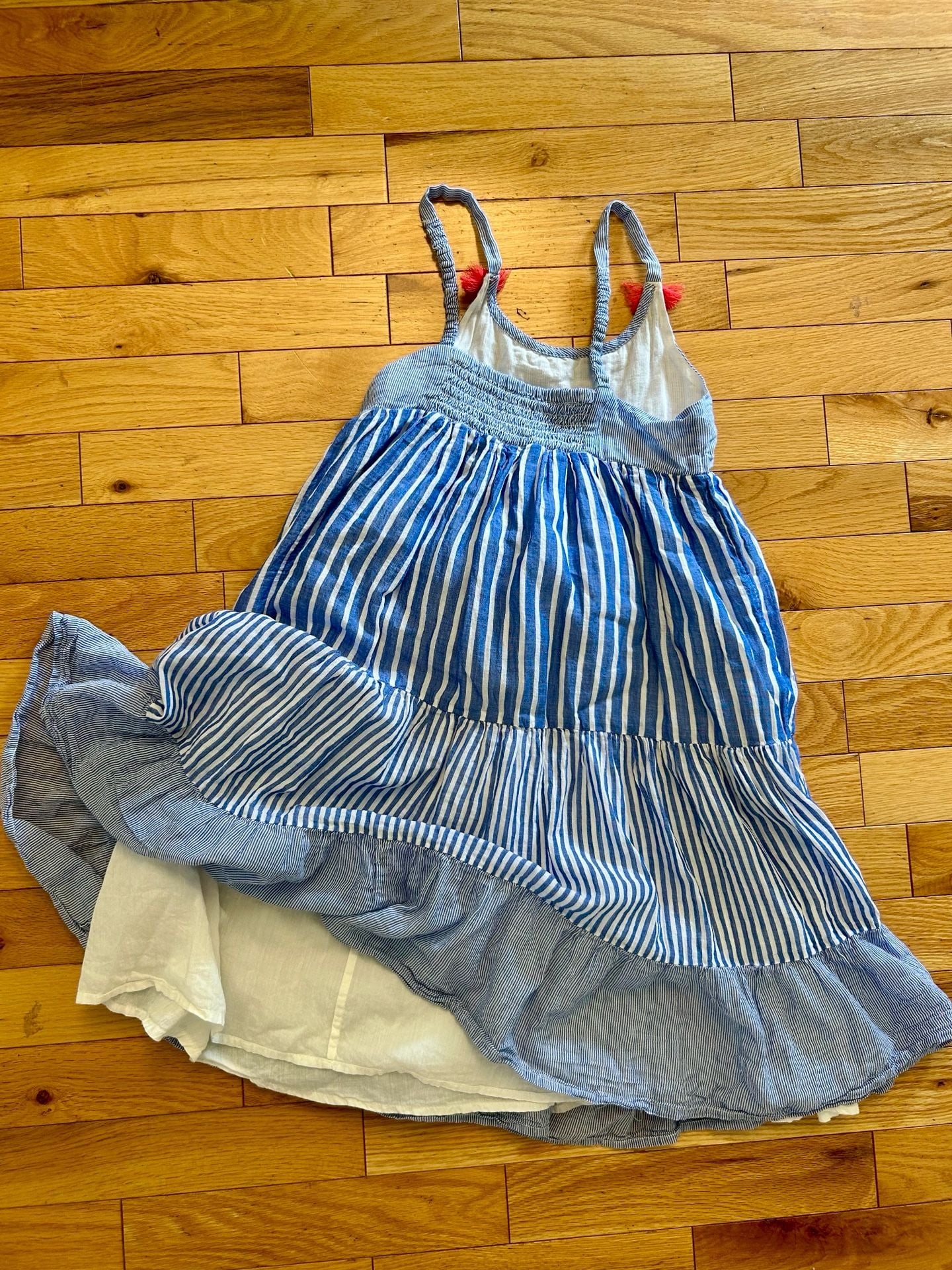 Boden Striped Tiered Dress Size 6-7Y Blue White Tassels 3