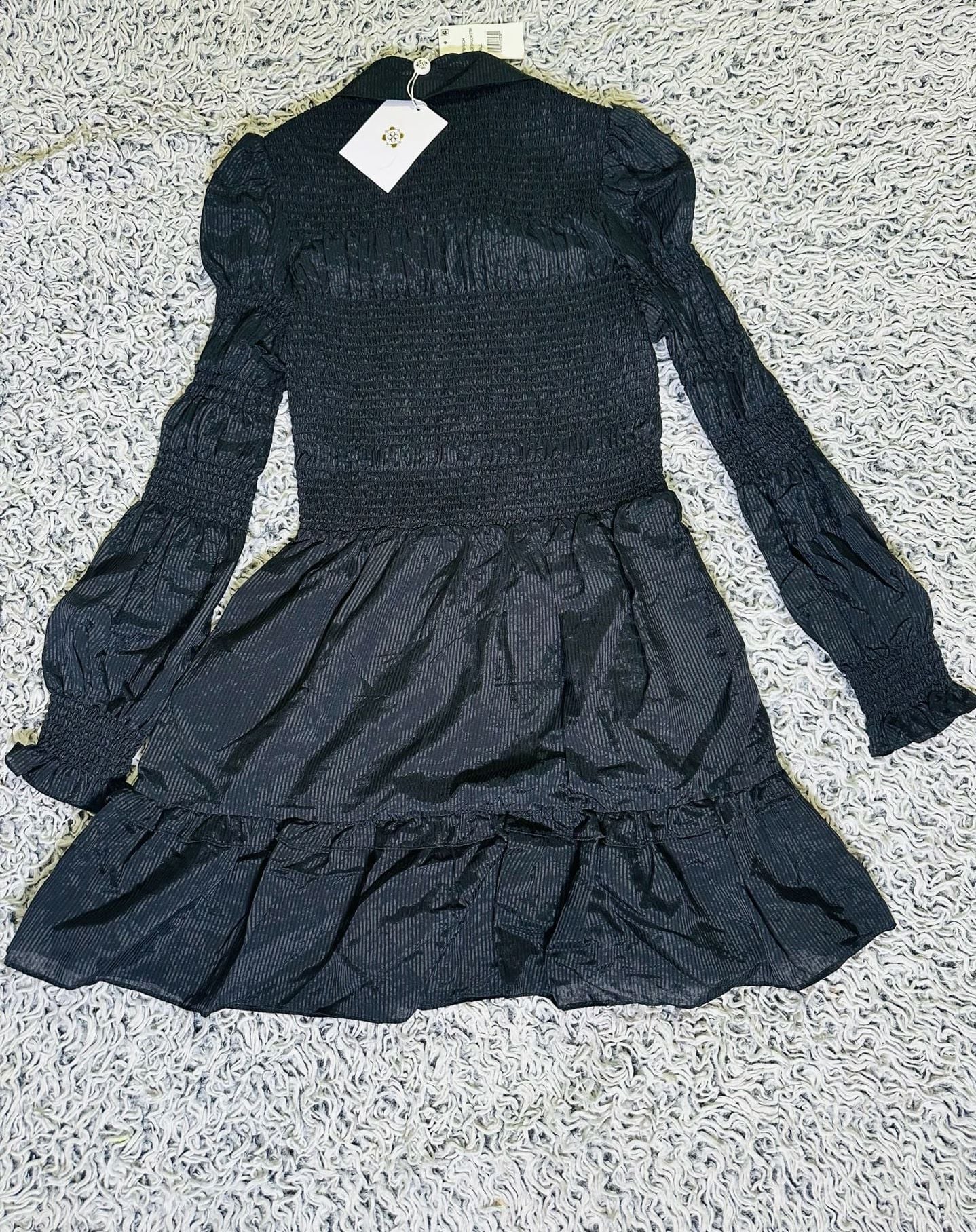 WAYF Shadow Stripe Smocked Long Black Sleeve Button Front Tiered Mini Dress Size Small 3