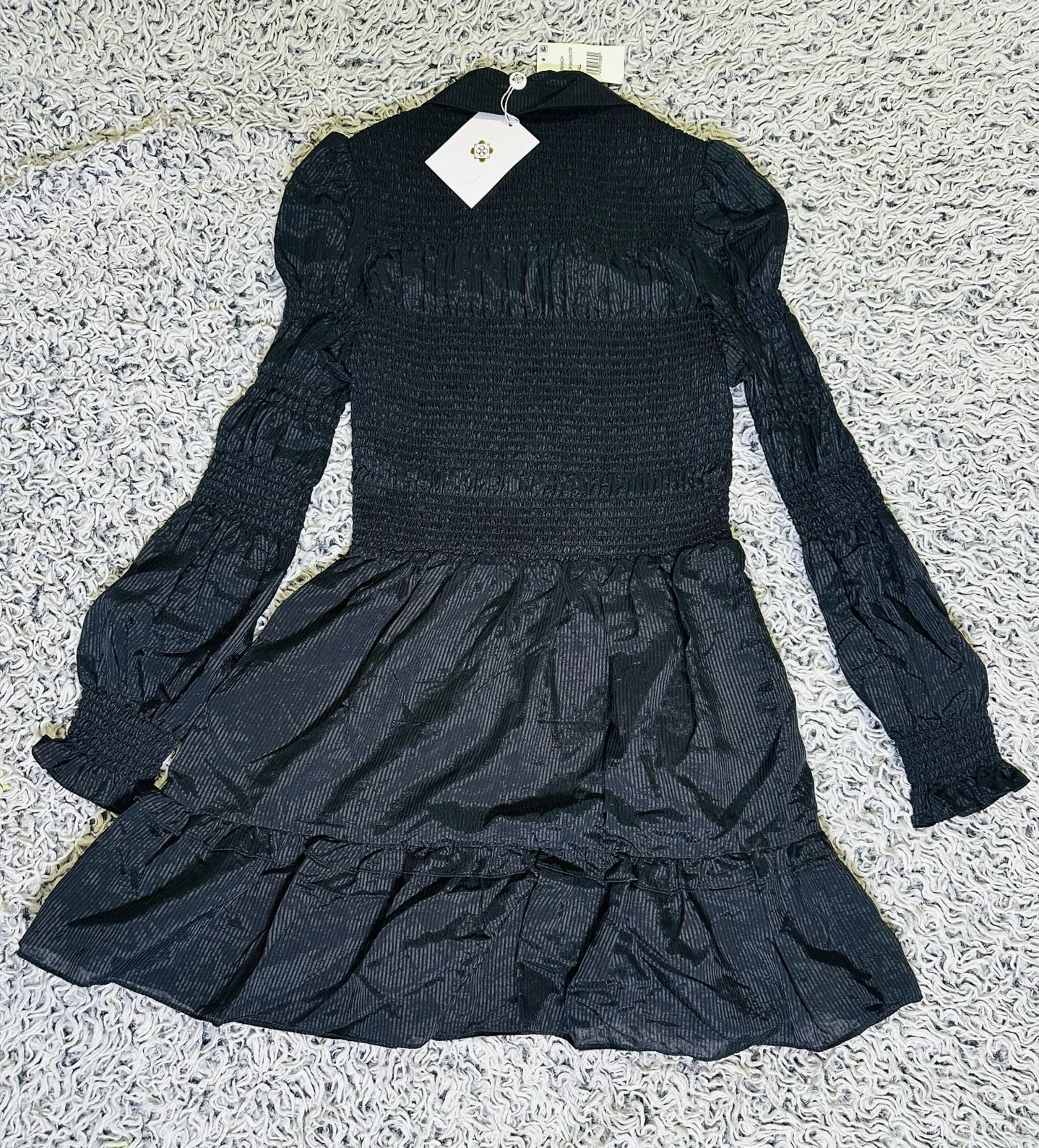 WAYF Shadow Stripe Smocked Long Black Sleeve Button Front Tiered Mini Dress Size Small 4