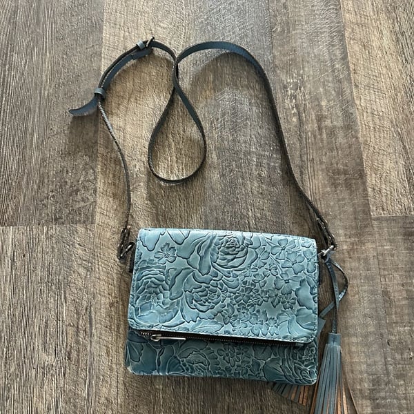 Patricia Nash Blue Tooled Leather Crossbody Bag With Tassel