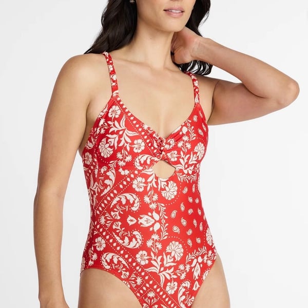 Time and Tru One Piece Swimsuit Size L (12-14) Red Floral Cutout