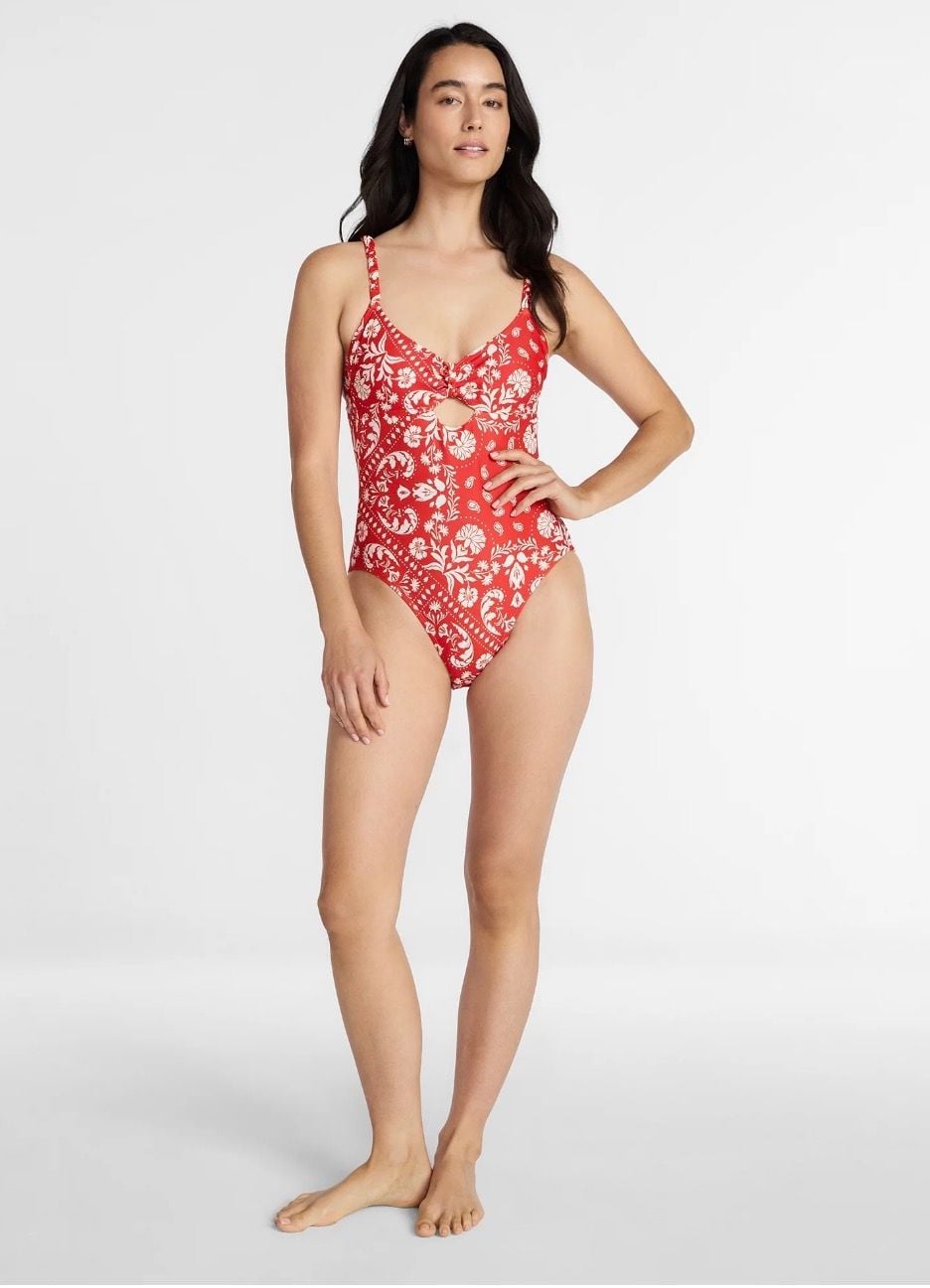Time and Tru One Piece Swimsuit Size L (12-14) Red Floral Cutout 3