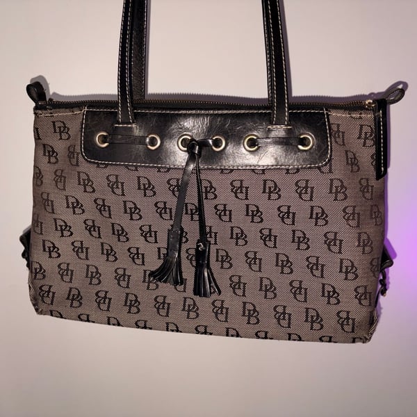 Dooney & Bourke Monogram Signature Tassel Tote Handbag Black Gray