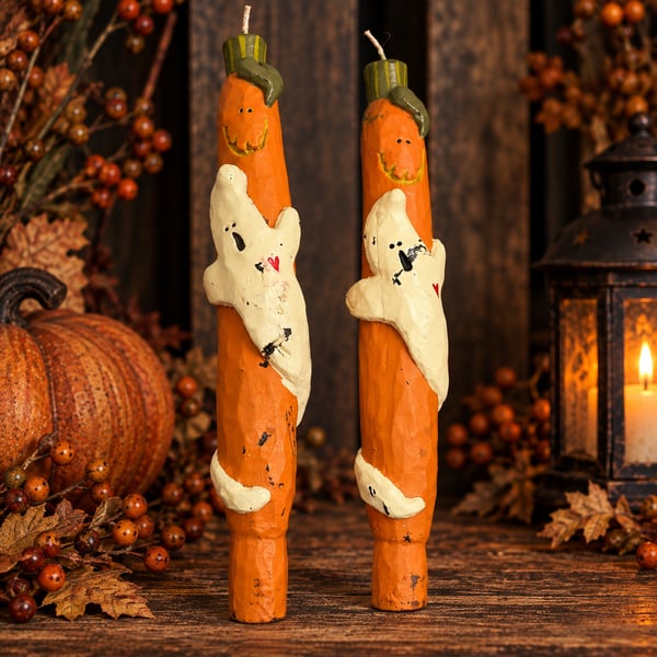 Kurt Adler Primitive Halloween JackOLantern Ghost Painted Wax Taper Candles Vtg