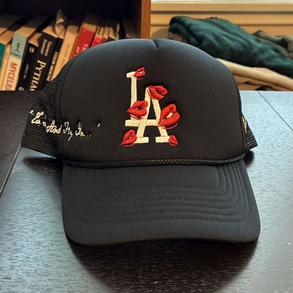 Los Angeles Dodgers Custom Embroidered Lips Trucker Hat Black Adjustable
