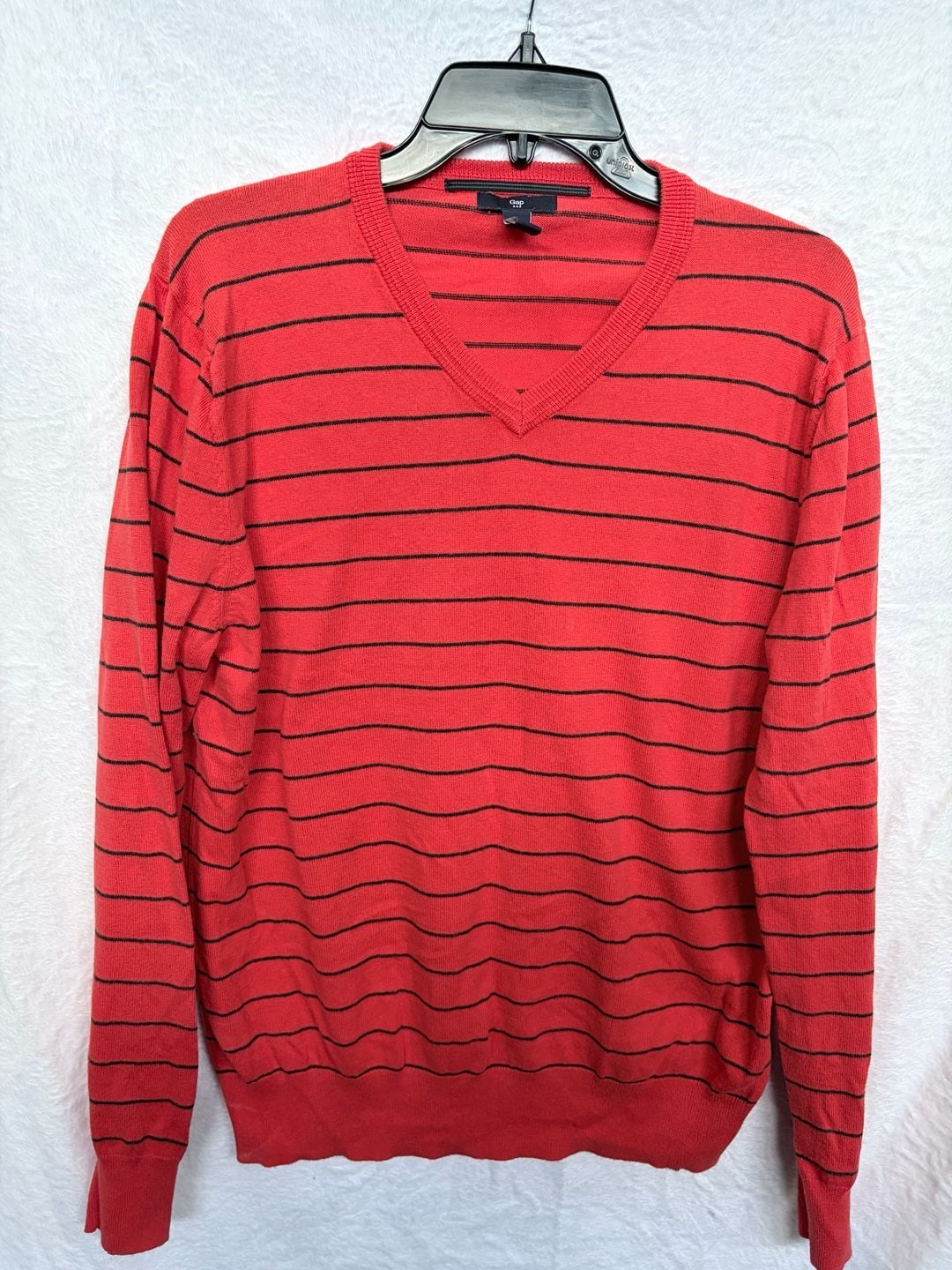 Gap V-Neck Sweater Size M Red Black Striped Long Sleeve Pullover 2