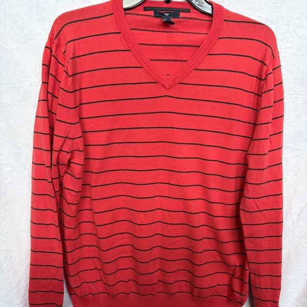 Gap V-Neck Sweater Size M Red Black Striped Long Sleeve Pullover