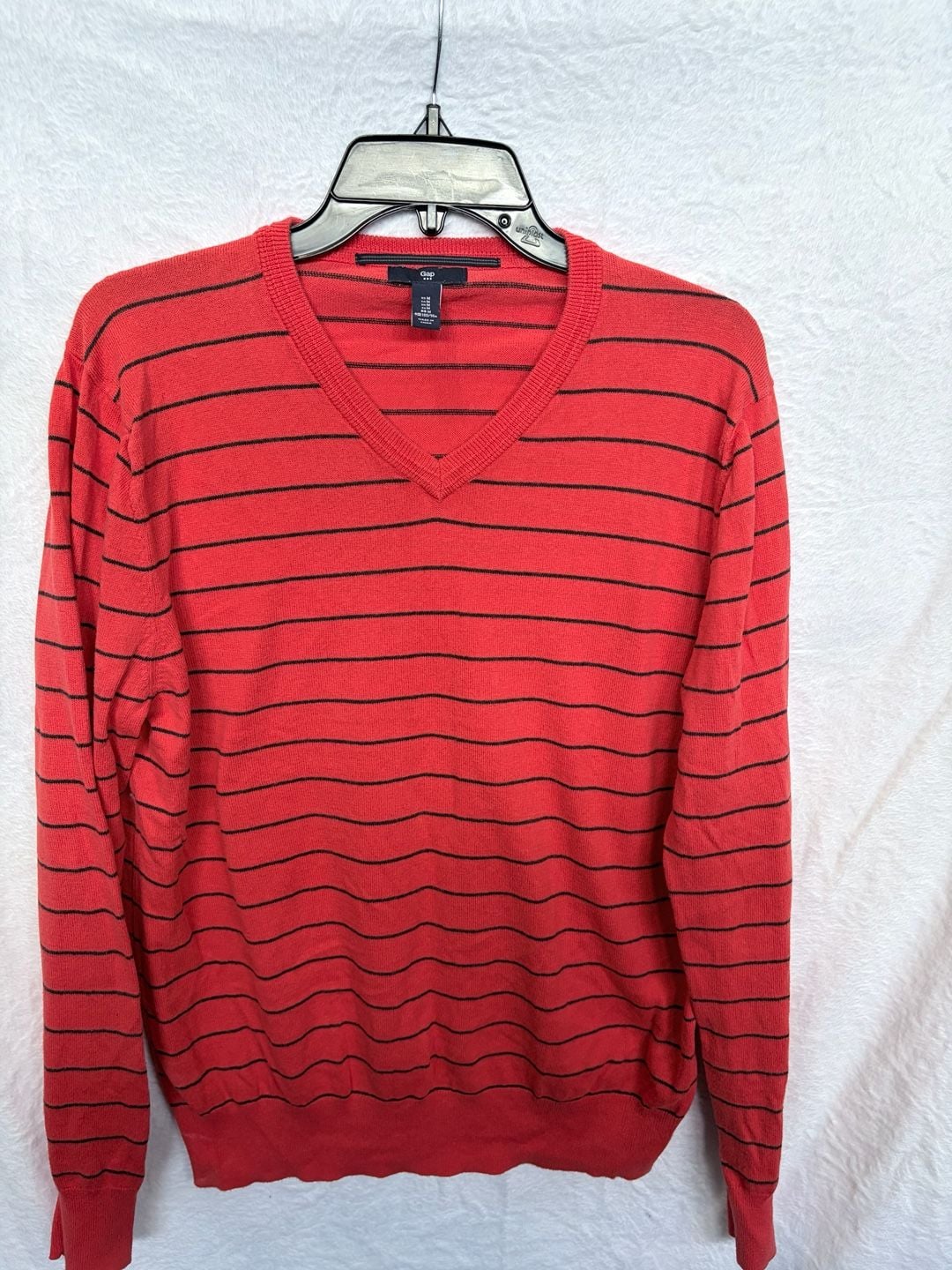 Gap V-Neck Sweater Size M Red Black Striped Long Sleeve Pullover 3