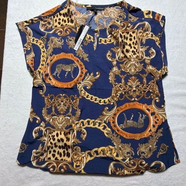 Harvé Benard Navy Gold Printed Top Size S