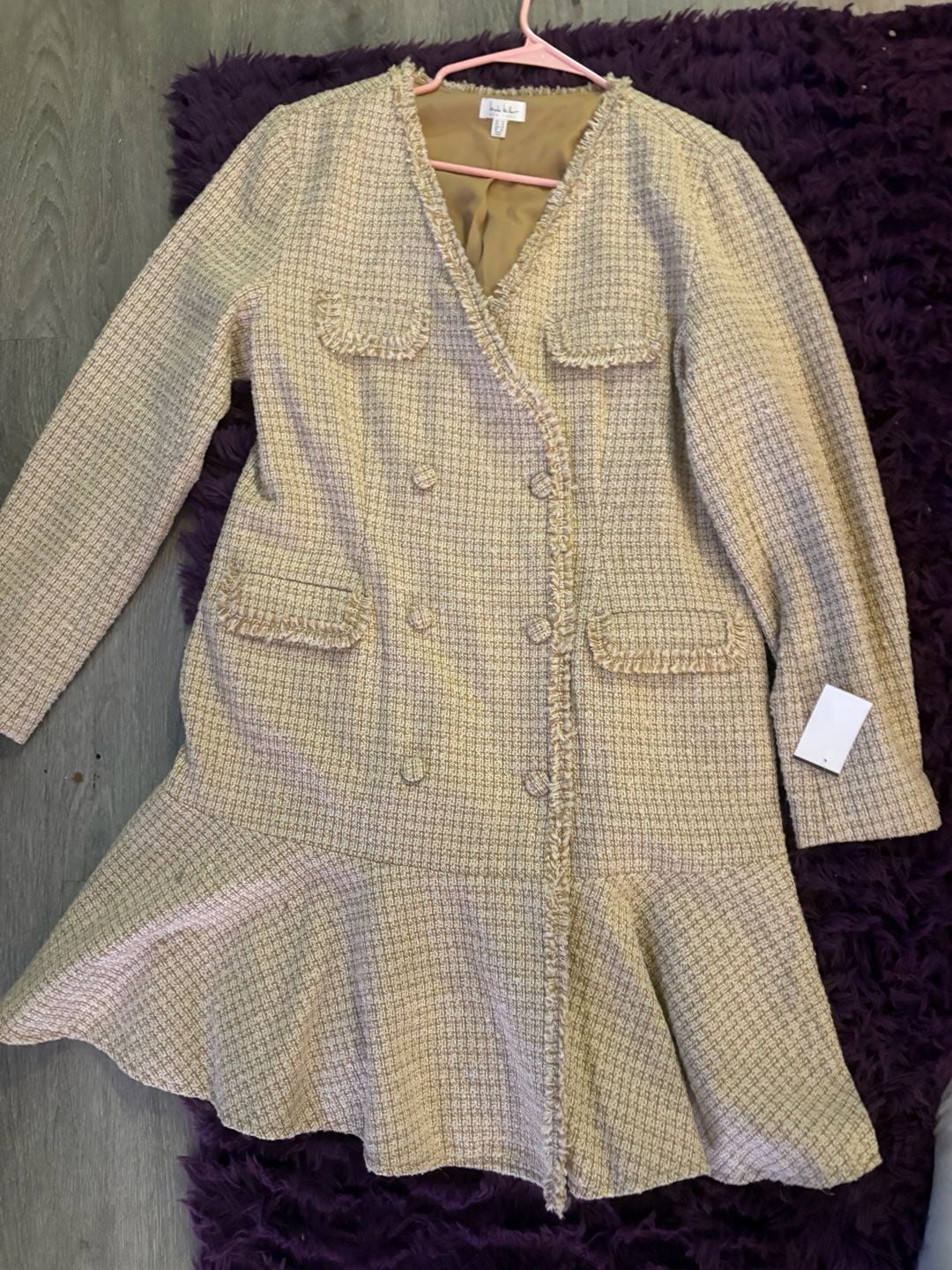 Nicole Miller New York Tweed Dress Size 14 Double Breasted Beige Flounce Hem 2