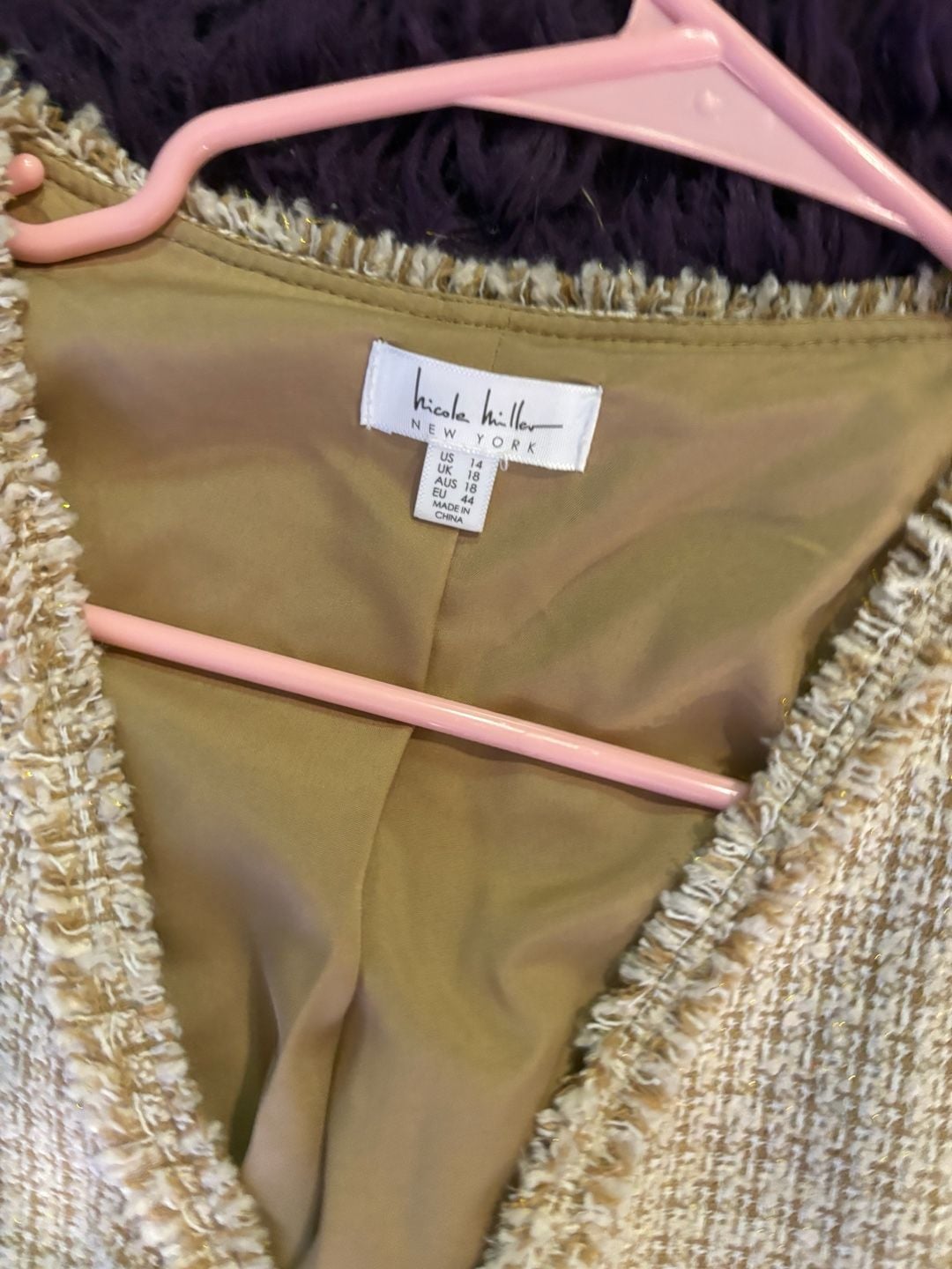 Nicole Miller New York Tweed Dress Size 14 Double Breasted Beige Flounce Hem 4
