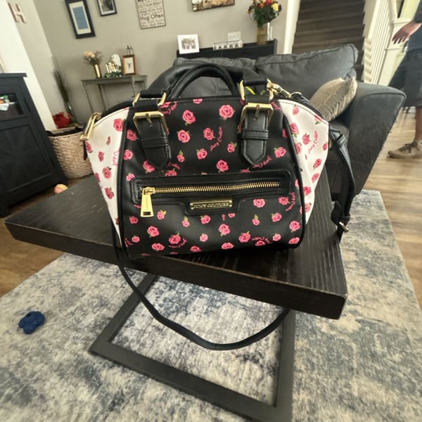 Juicy Couture Rose Print Satchel Handbag Black White