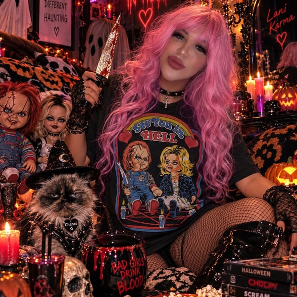 Chucky & Tiffany "See You In Hell" Childs Play T. Shirt Size Large Horror Movie