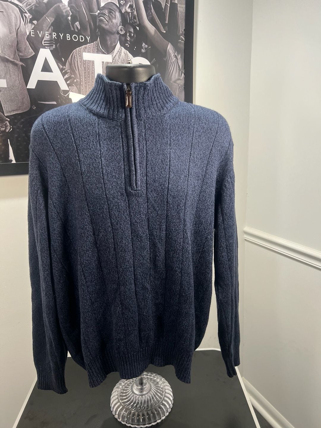 Oscar De La Renta 1/4 Zip Ribbed Knit Sweater Marled Blue Long Sleeve 7