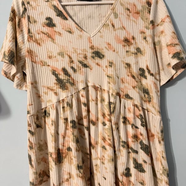 CURE V-Neck Babydoll Top Size L Apricot Tie Dye Ribbed Short Sleeve