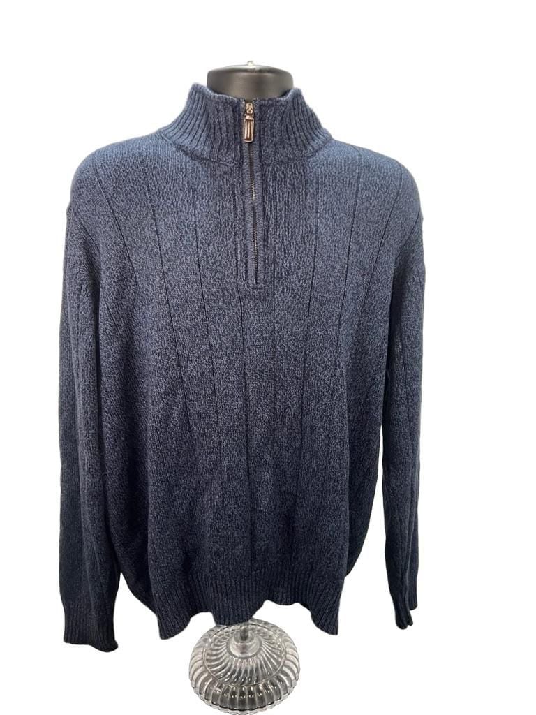 Oscar De La Renta 1/4 Zip Ribbed Knit Sweater Marled Blue Long Sleeve 2