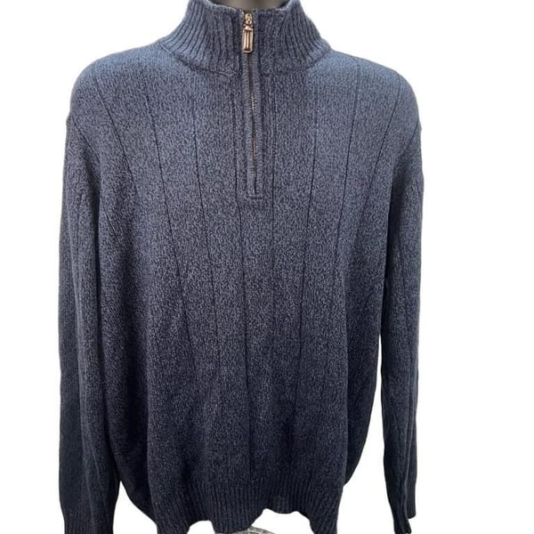 Oscar De La Renta 1/4 Zip Ribbed Knit Sweater Marled Blue Long Sleeve