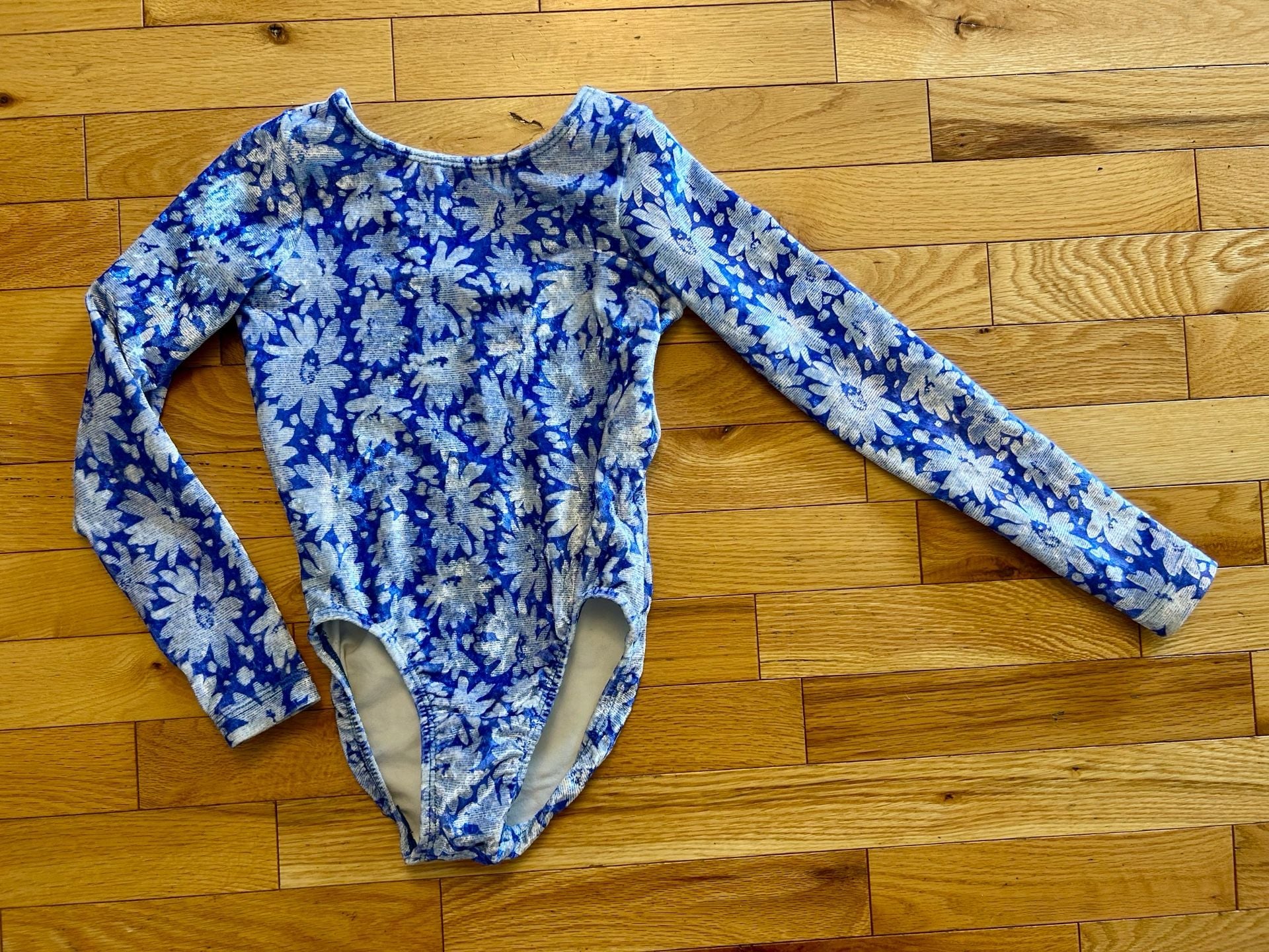 GK Elite Long Sleeve Gymnastics Leotard Large Blue White Floral 2