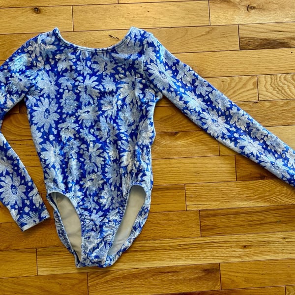 GK Elite Long Sleeve Gymnastics Leotard Large Blue White Floral