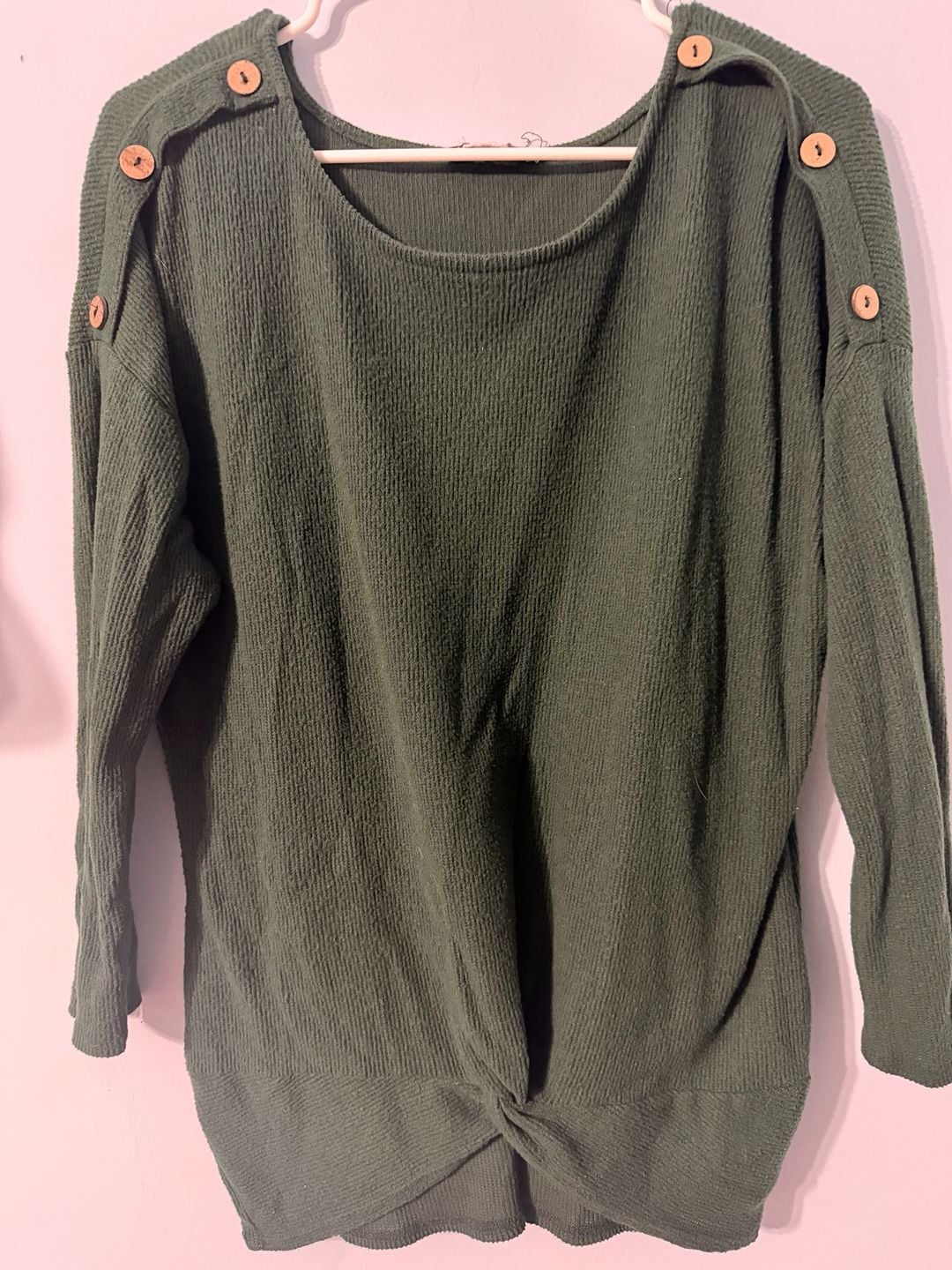 STITCHWÜRKS Green Waffle Knit Top Shoulder Buttons Front Twist Hem 2
