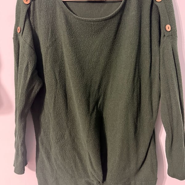 STITCHWÜRKS Green Waffle Knit Top Shoulder Buttons Front Twist Hem
