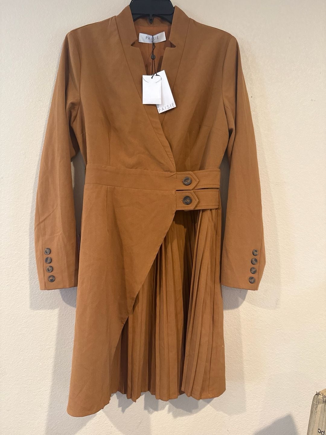 Paisie Tailored Blazer Dress with Pleated Skirt Size 12 Camel 3