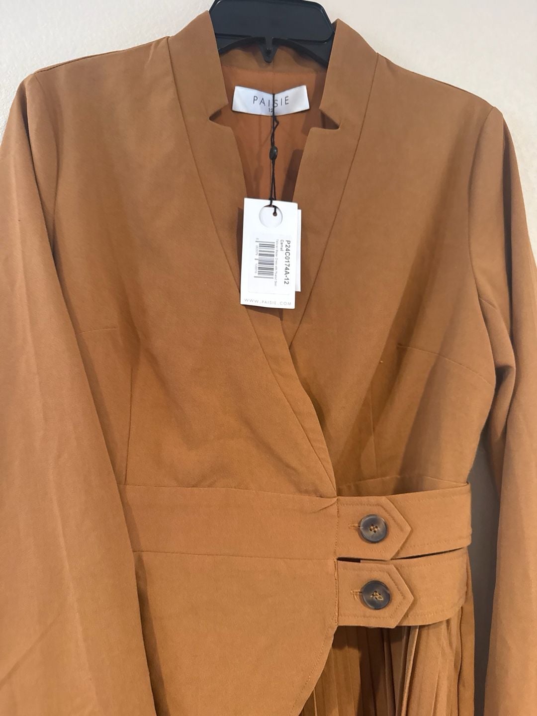 Paisie Tailored Blazer Dress with Pleated Skirt Size 12 Camel 6