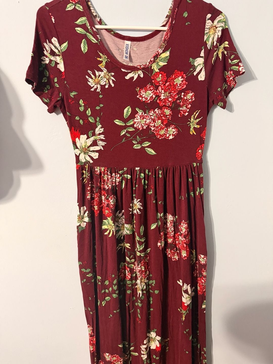 VIISHOW Floral Dress Size M Wine Red Short Sleeve Casual Empire Waist 2