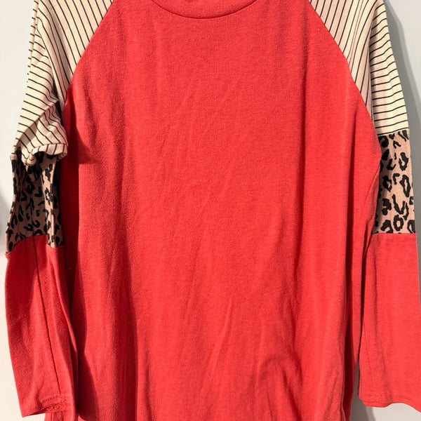 Umgee Colorblock Stripe Long Sleeve Top Coral Leopard Size S