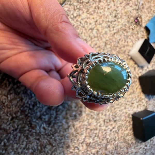 Sterling Silver Green Jade Cabochon Cocktail Ring