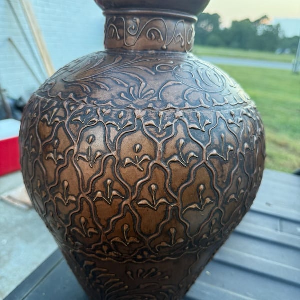 Decorative Bronze Colored Embossed Floral Pattern Vase Urn