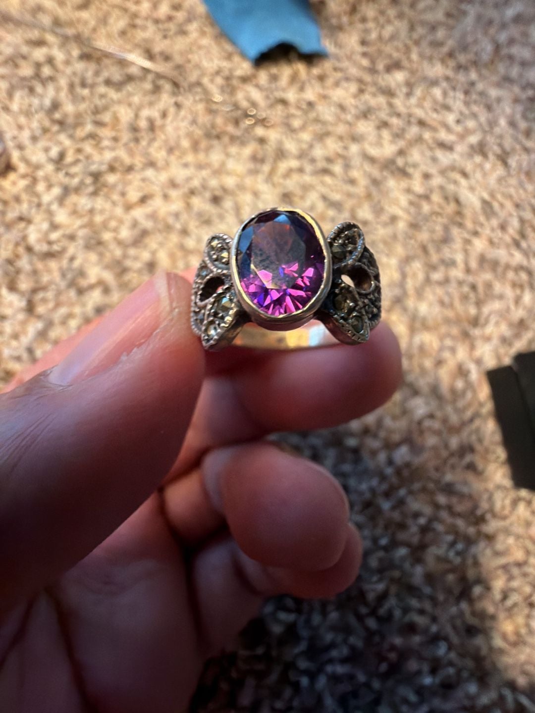 925 Sterling Silver Marcasite and Oval Purple Stone Cocktail Ring 2