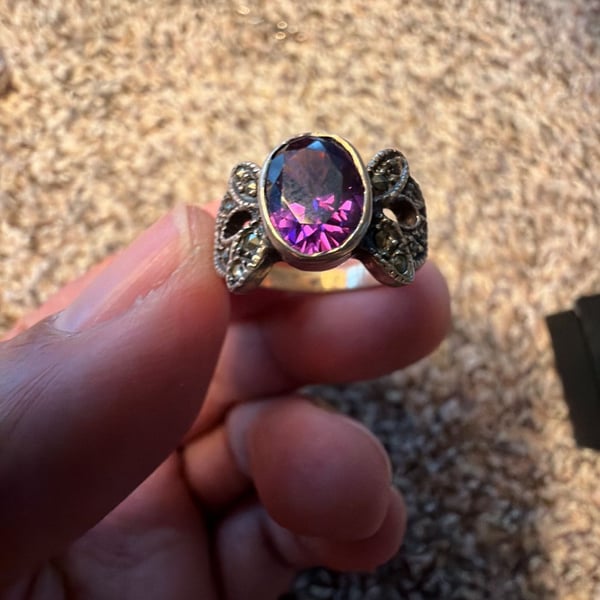 925 Sterling Silver Marcasite and Oval Purple Stone Cocktail Ring