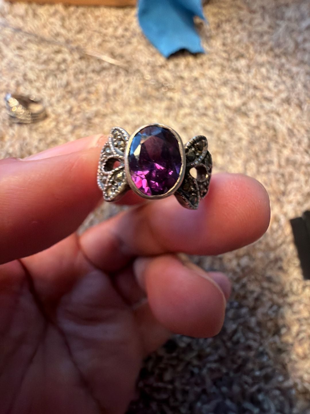 925 Sterling Silver Marcasite and Oval Purple Stone Cocktail Ring 6