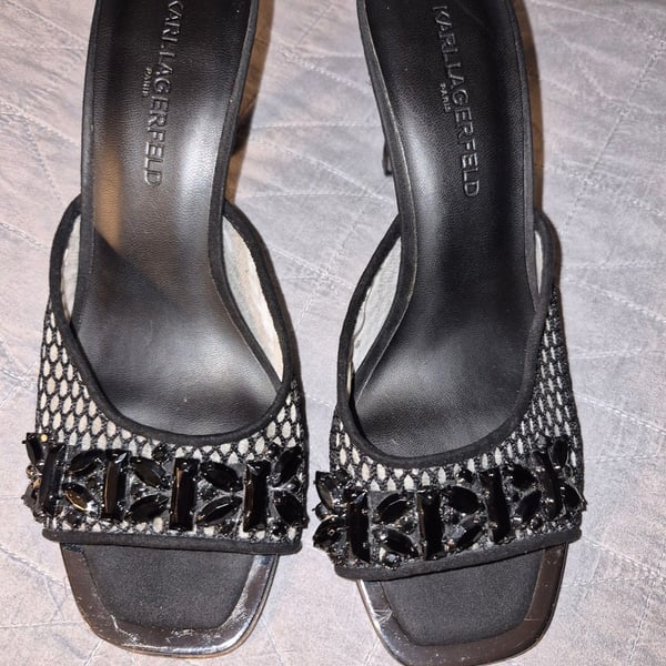 Karl Lagerfeld Paris Mesh Embellished Heeled Mules Black