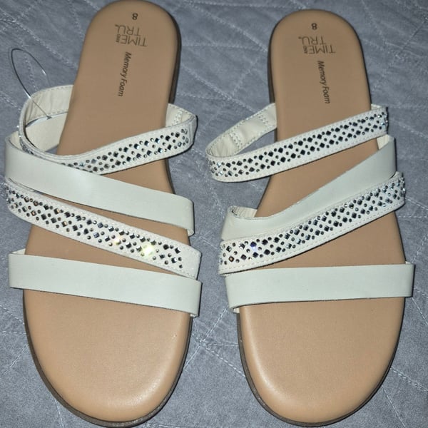 Time and Tru Asymmetric Strappy Sandals Size 8 White Rhinestone