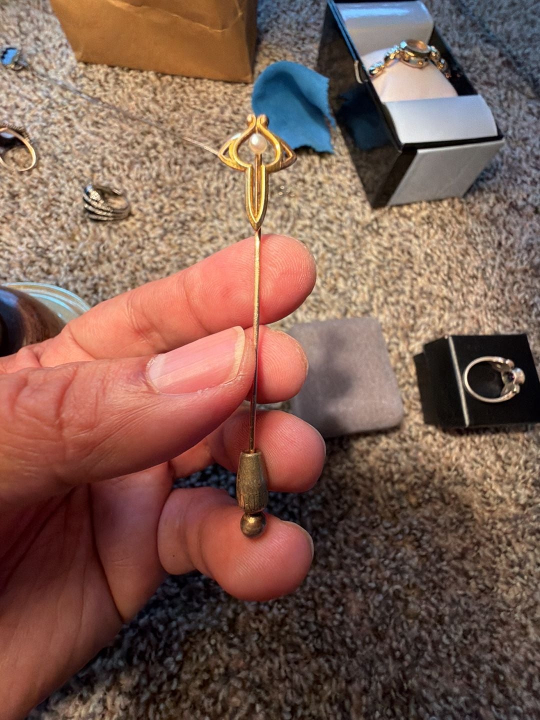 Art Nouveau 10K Yellow Gold Pearl Stick Pin 3
