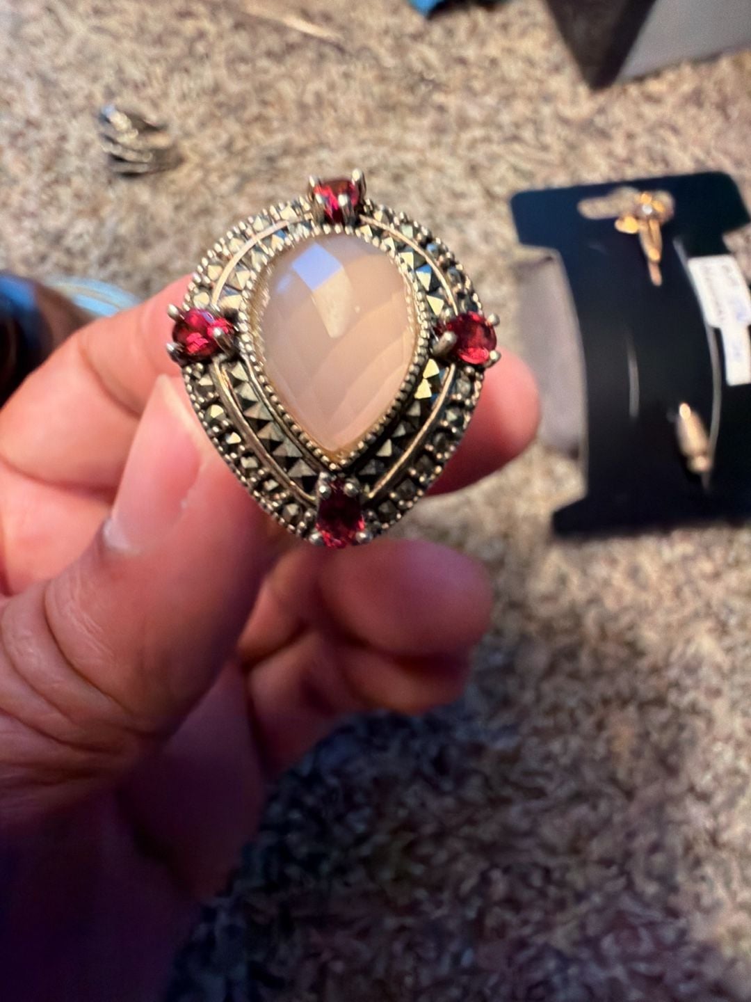 NF Sterling Silver Rose Quartz Garnet Marcasite Cocktail Ring 1