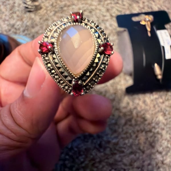 NF Sterling Silver Rose Quartz Garnet Marcasite Cocktail Ring