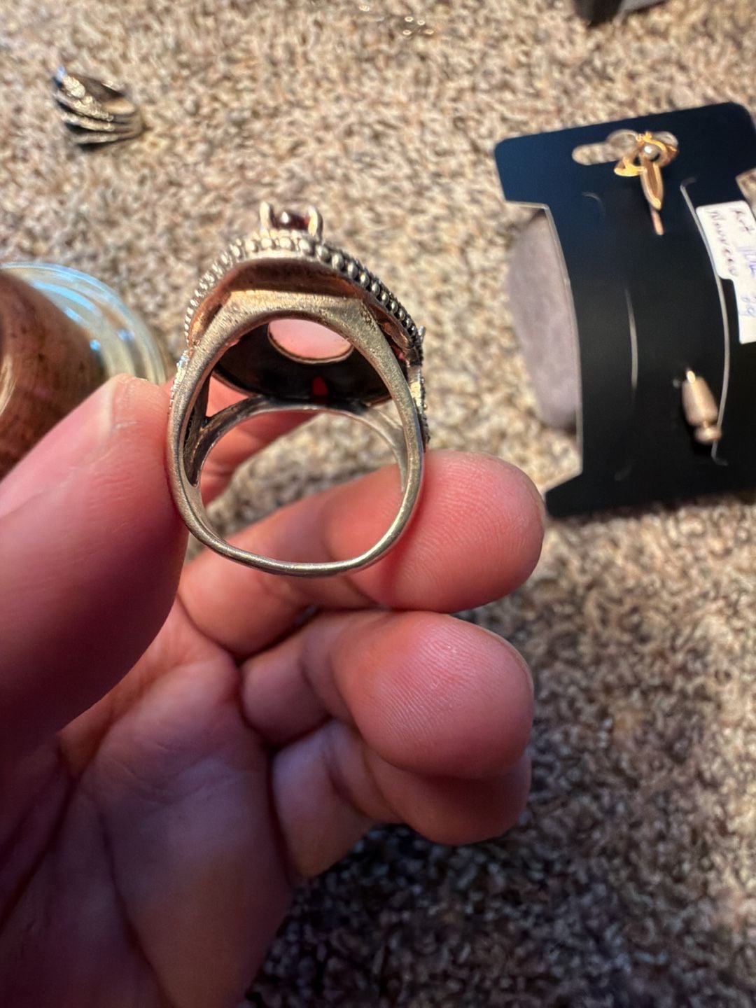 NF Sterling Silver Rose Quartz Garnet Marcasite Cocktail Ring 2