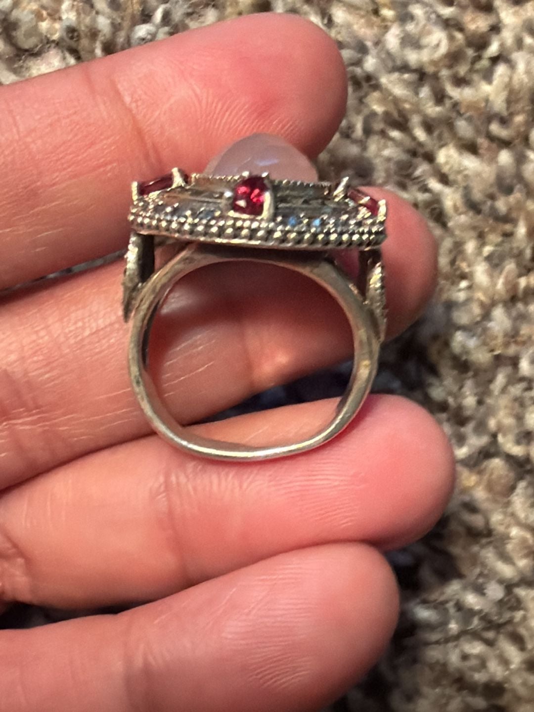 NF Sterling Silver Rose Quartz Garnet Marcasite Cocktail Ring 5