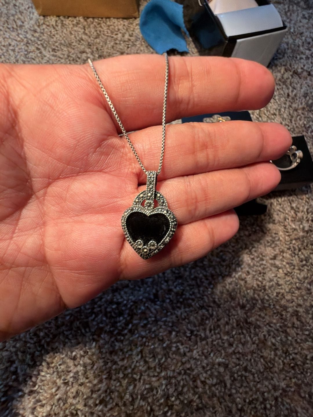 Sterling Silver Marcasite Black Onyx Heart Pendant Necklace 925 2