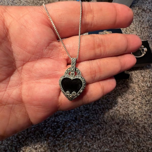 Sterling Silver Marcasite Black Onyx Heart Pendant Necklace 925