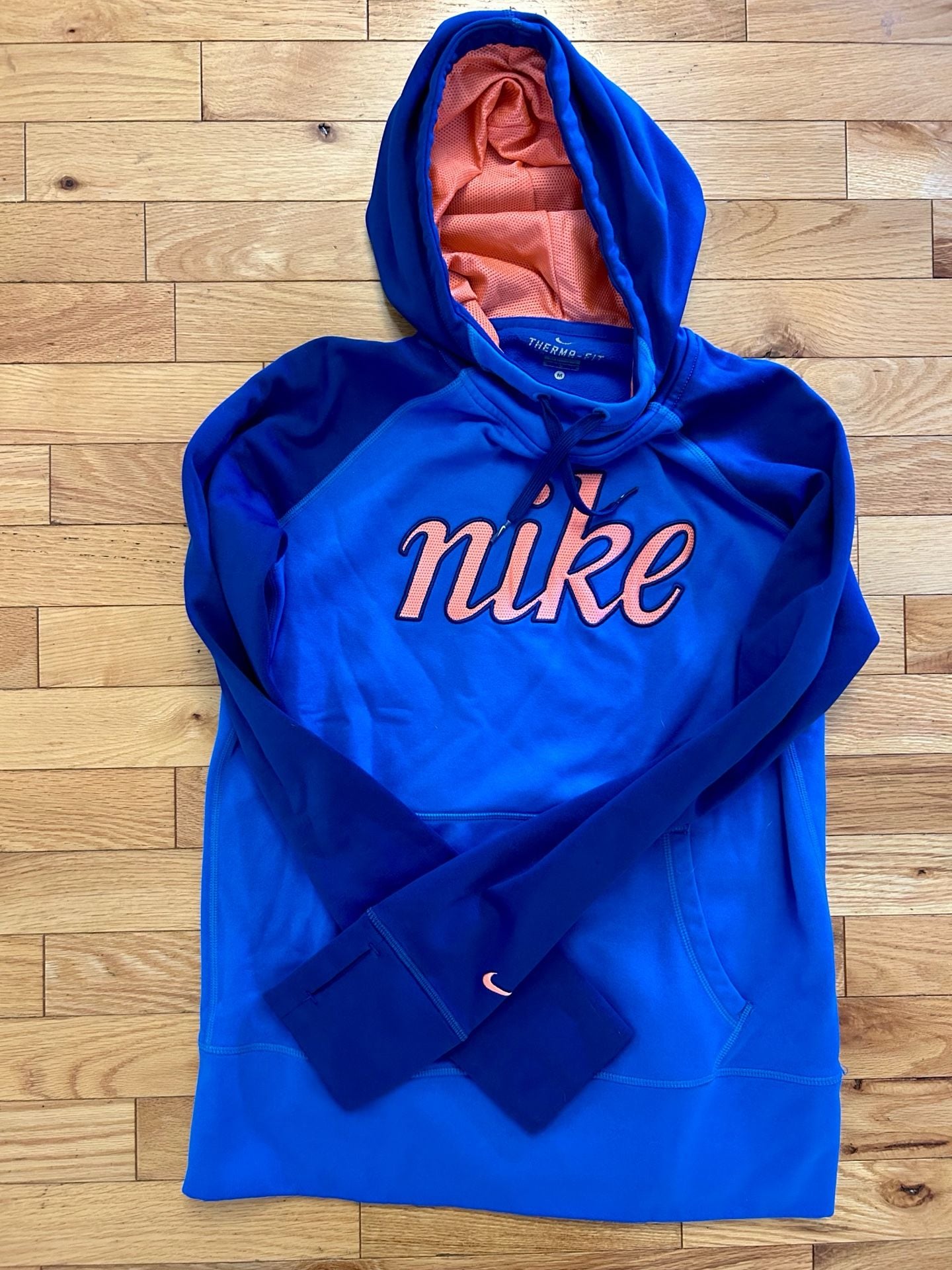 Nike Therma-Fit Hoodie Size M Blue Orange Script Logo Thumbholes 2