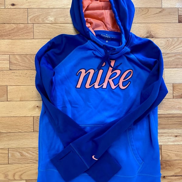 Nike Therma-Fit Hoodie Size M Blue Orange Script Logo Thumbholes