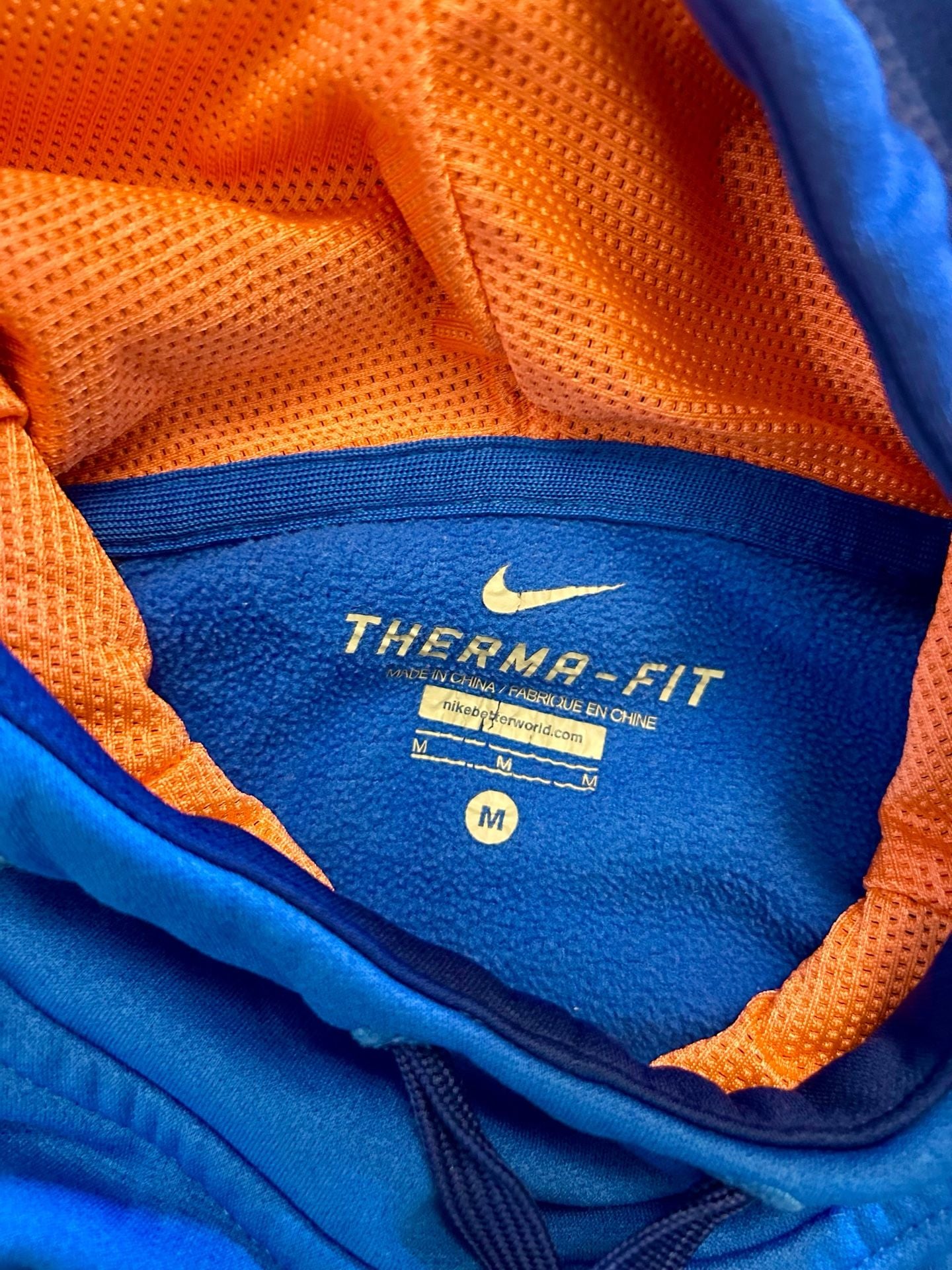 Nike Therma-Fit Hoodie Size M Blue Orange Script Logo Thumbholes 5