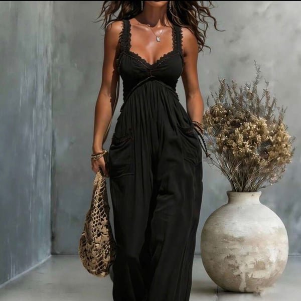 EMERY ROSE Black Lace Trim V-Neck Loose Jumpsuit