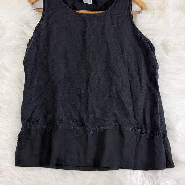 Vintage AGB Sleeveless Tank Top Size L Black Linen Rayon Embroidered Hem