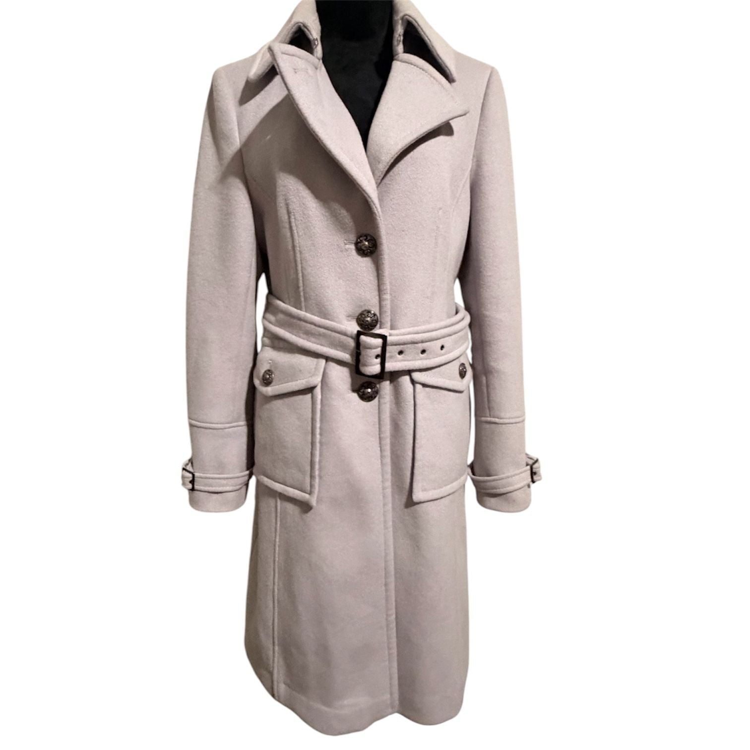 Vintage Tahari Wool Blend Belted Trench Coat Light Grey, Size Large/ 14 2