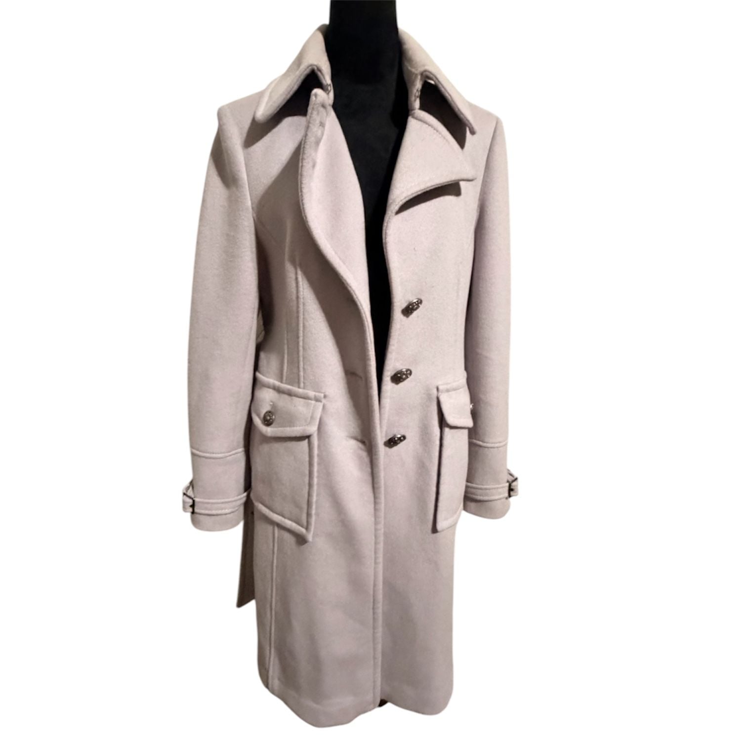 Vintage Tahari Wool Blend Belted Trench Coat Light Grey, Size Large/ 14 5